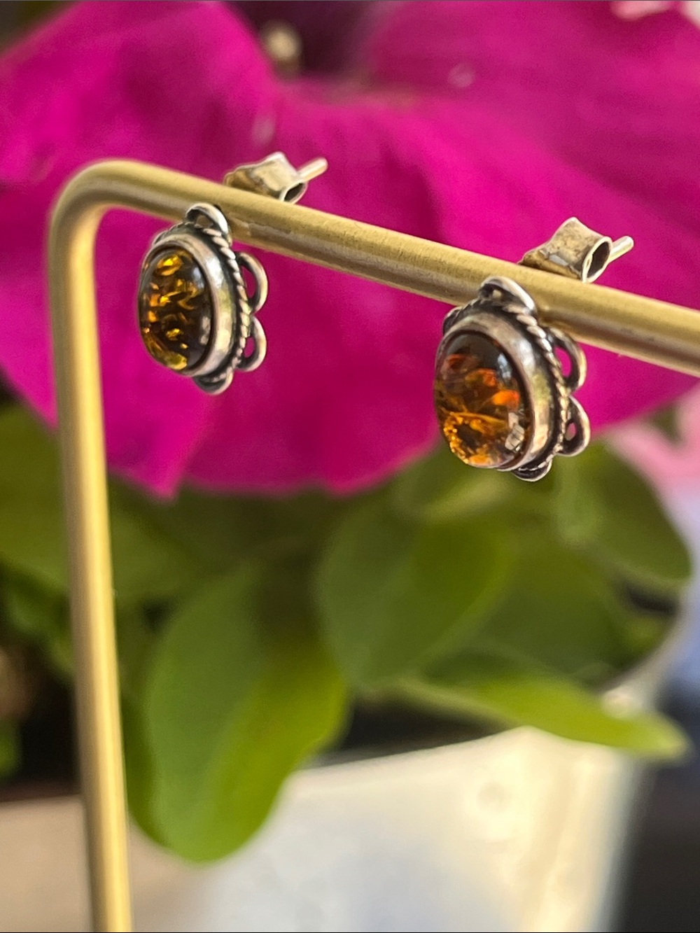 Sterling Silver & Baltic Amber Stud Earrings - Picture 5 of 9